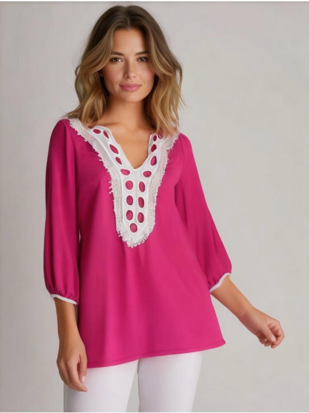 Lace-Trim V-Neck Tunic in Fuchsia